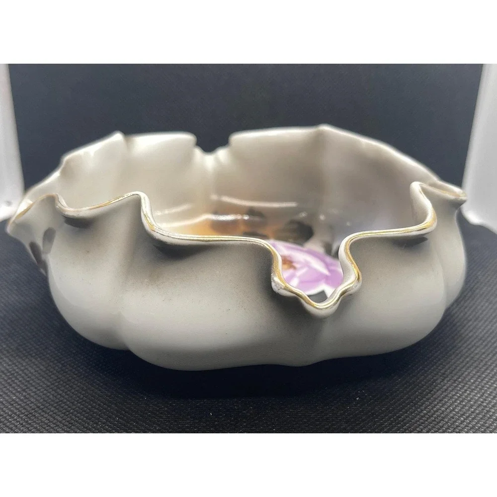 Vintage Noritake Porcelain Cigar Ashtray Ruffled Edge Hand Painted Purple Flower